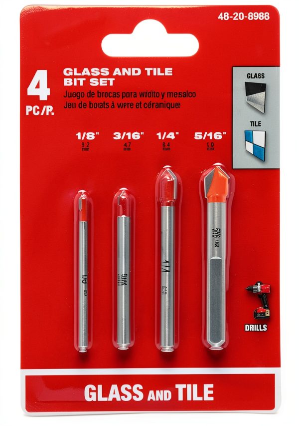 Milwaukee 4 Pc 48-20-8988 Glass & Tile Bit Set 1/8" 3/16" 1/4" 5/16"-0